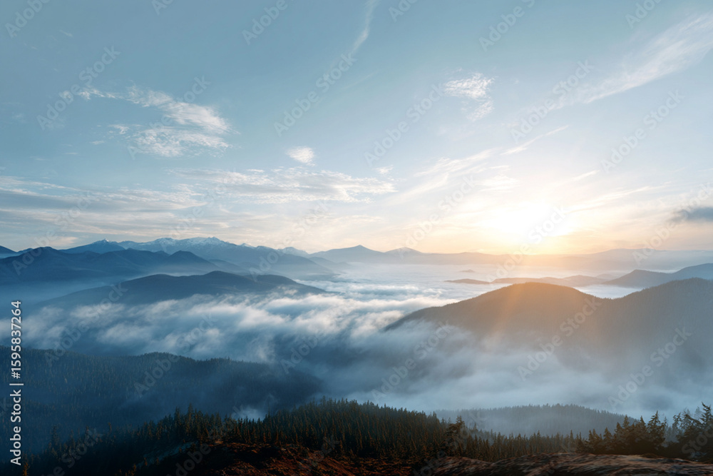 Obraz premium Layers of Mountains in a Colorful Sunrise Mist