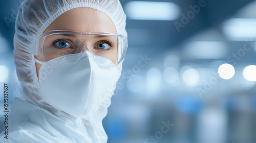 Factory worker, A factory worker in protective clothing operates in a cleanroom environment for safety and hygiene.