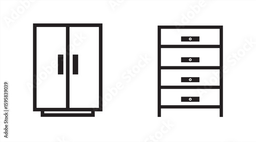 Minimalist furniture icon set of wardrobe, shelves, vector illustration