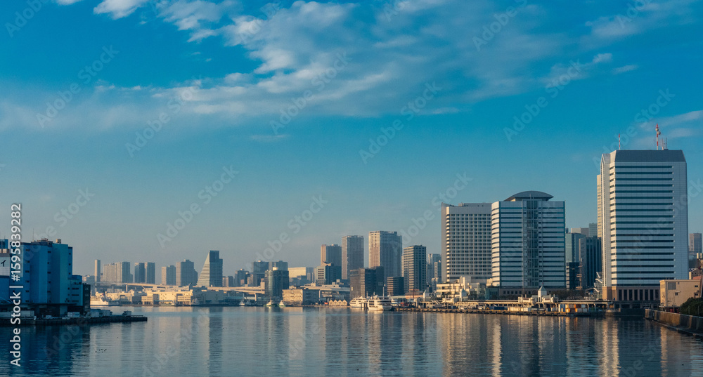 Fototapeta premium 東京勝鬨橋からみた汐留の高層ビル群、隅田川沿いの浜離宮と高層ビル群