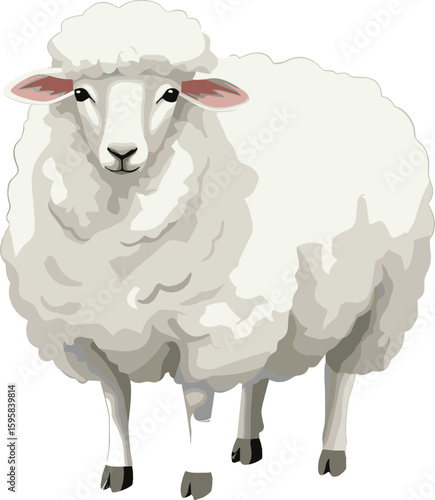 Cute white sheep cartoon illustration, fluffy wool farm animal, livestock vector graphic, realistic sheep drawing, agriculture concept, isolated clipart
