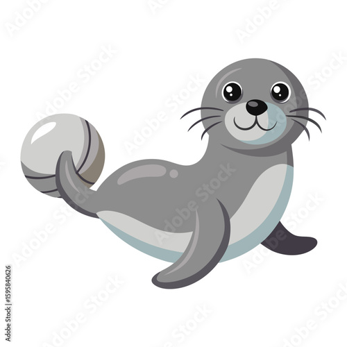 Cartoon gray seal balancing a ball on its flipper with a happy expression on its face