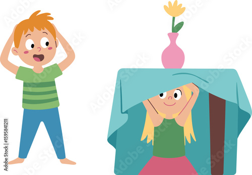 Happy children playing hide and seek indoors, cute boy and girl having fun, imaginative playtime, childhood moments, indoor games, cartoon kids illustration