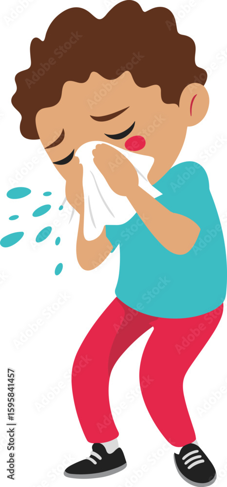 Sick child sneezing into tissue, flu symptoms, cold season, hygiene awareness, child health, illness prevention, cartoon vector illustration Sick child sneezing into tissue, flu symptoms, cold season, hygiene awareness, child health, illness prevention, cartoon vector illustration