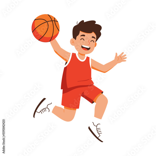 Joyful young boy in red basketball uniform leaps, holding a basketball.