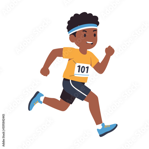 A young, smiling boy in athletic attire running with determination.
