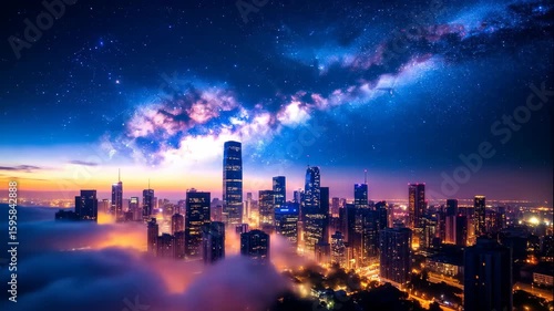 Wallpaper Mural Nighttime Cityscape Above the Clouds with Milky Way Galaxy and Starry Sky Torontodigital.ca