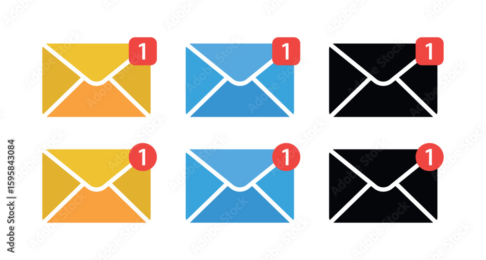 Mail Notification Icon Set. Colorful Envelope with New Message Badge for Email Alert, Messaging UI, Inbox Indicator, Digital Communication Vector