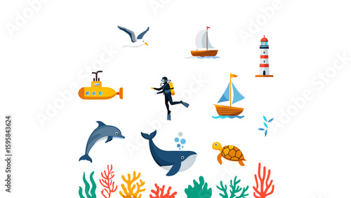 Illustration of marine life with a diver, submarine, boats, lighthouse, and sea animals at the bottom