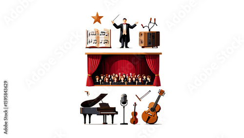 Illustration depicting a choir on stage with musical instruments and a conductor present in the scene