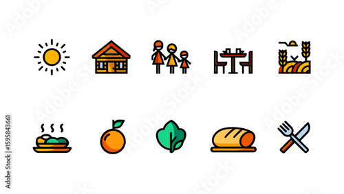 Icon set showcasing family life with nature, food, and home elements in a colorful and simple design style