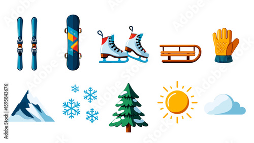 Winter sports and activities icons including skiing snowboarding ice skating and snowy scenery elements