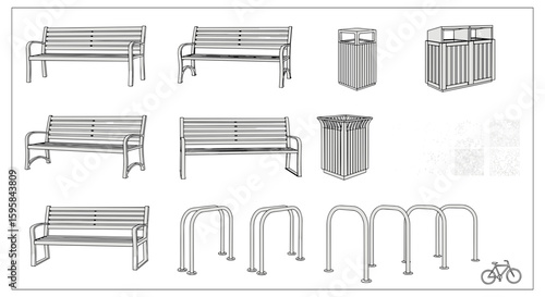 Illustration of outdoor park furniture including benches trash cans and bike racks in black and white line art
