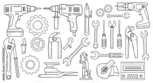 Illustration showcasing a collection of various hand tools and mechanical components in a detailed sketch style