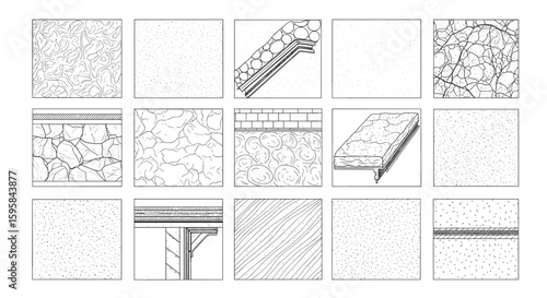 Illustration showing a variety of architectural textures and construction details in a grid arrangement