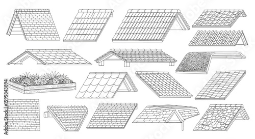 Illustration showing various roof types including gable hip and flat roofs and a planter box design