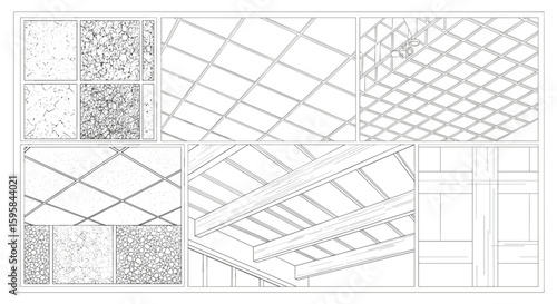 Architectural drawing featuring ceiling grids, wood beams, and textured wall paneling arrangement shown here