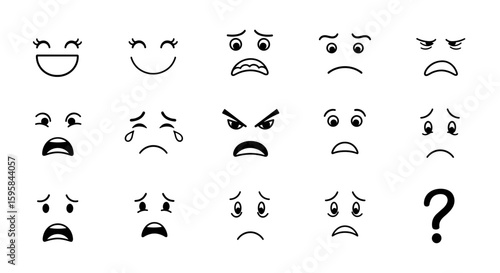 Collection of cartoon faces displaying various emotions including happiness sadness and anger in black and white