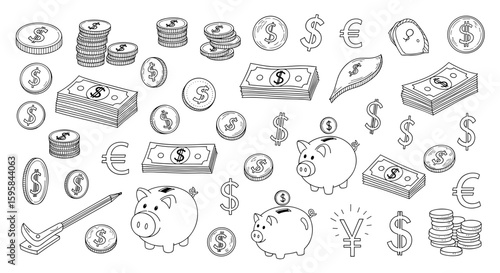 Illustration of money symbols including dollar euro yen coins bills and piggy banks on a white background