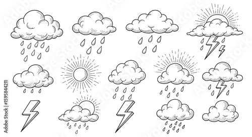 Illustration of various weather elements including clouds rain sun and lightning in black and white style