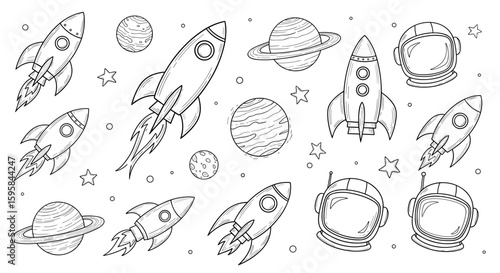 Outlined space themed pattern with rockets planets stars and astronaut helmets on a white background