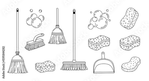 Collection of cleaning supplies including brooms sponges bubbles and a dustpan line art style drawing