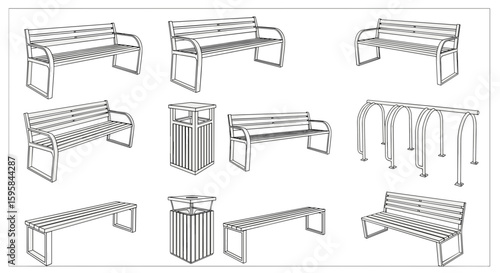 Illustration featuring an assortment of park benches trash receptacles and a bicycle rack in line art