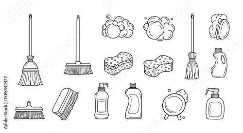 Illustration of various cleaning supplies including brooms sponges and cleaning fluid bottles line art style
