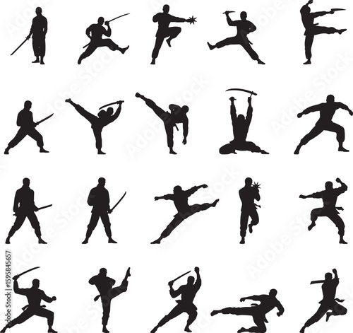 Black silhouettes of martial artists in dynamic action poses with swords martial arts