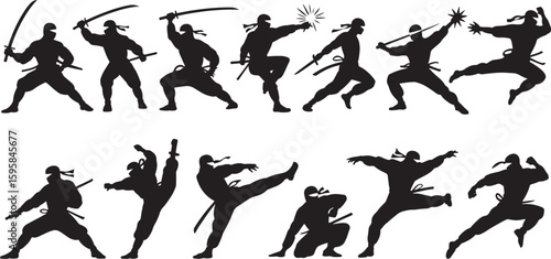 Black silhouettes of ninjas in various martial arts poses with swords white