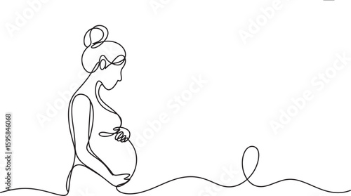 Pregnant woman with hands on belly in continuous line drawing style pregnancy