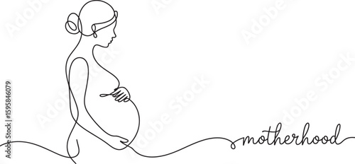 Pregnant woman in profile with hand on belly and motherhood text pregnancy expectant mother