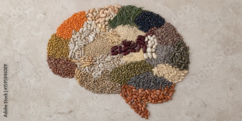 Various colorful beans and seeds arranged in the shape of a human brain on a neutral background.