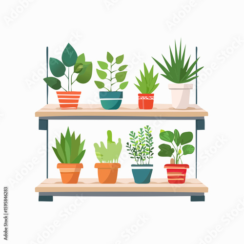 Shelved potted plants with varied foliage and colorful containers arranged in a decorative display