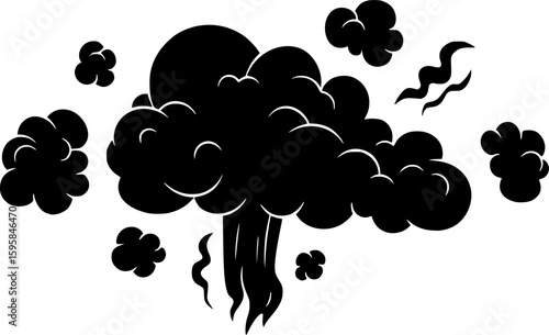 black cloud, different shapes, cartoonish style, smoke-like texture, stench concept, isolated on white background, simple vector art