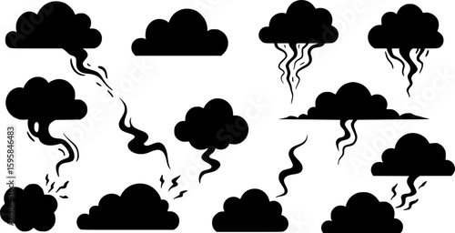 black cloud, different shapes, cartoonish style, smoke-like texture, stench concept, isolated on white background, simple vector art