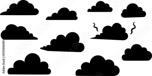 black cloud, different shapes, cartoonish style, smoke-like texture, stench concept, isolated on white background, simple vector art