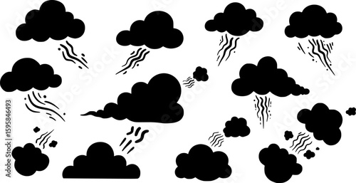 black cloud, different shapes, cartoonish style, smoke-like texture, stench concept, isolated on white background, simple vector art
