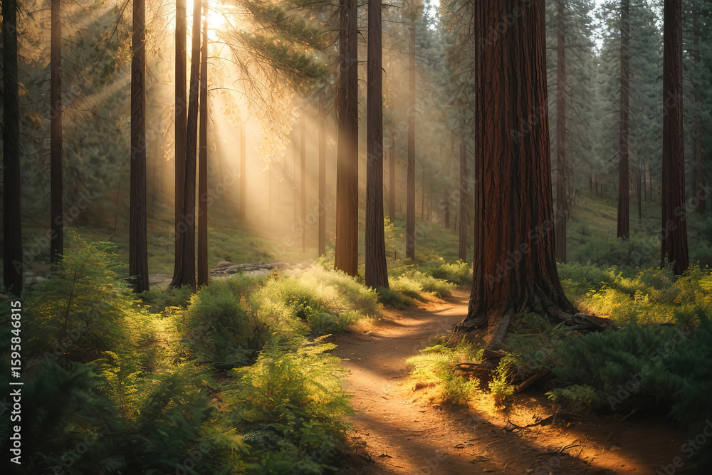 Fototapeta premium Luxurious Mesmerizing view of the tall trees and the grass in the forest during sunset