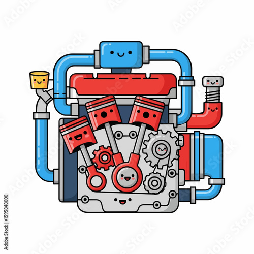 A cartoon illustration of an internal combustion engine with anthropomorphic features.