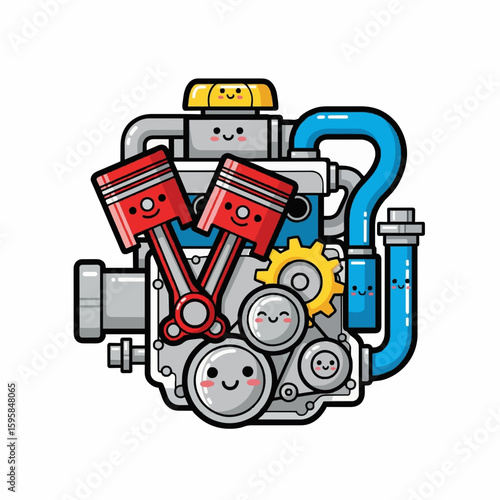 A cartoon illustration of an internal combustion engine with anthropomorphic features.