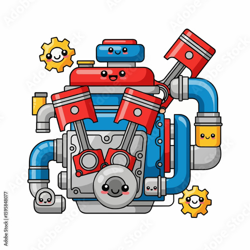 A cartoon illustration of an internal combustion engine with anthropomorphic features.