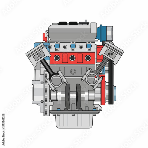 A cartoon illustration of an internal combustion engine with anthropomorphic features.