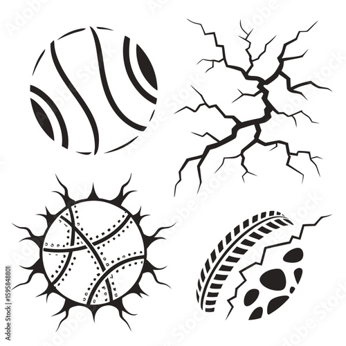 Abstract circular designs with cracked elements and tire tread vector