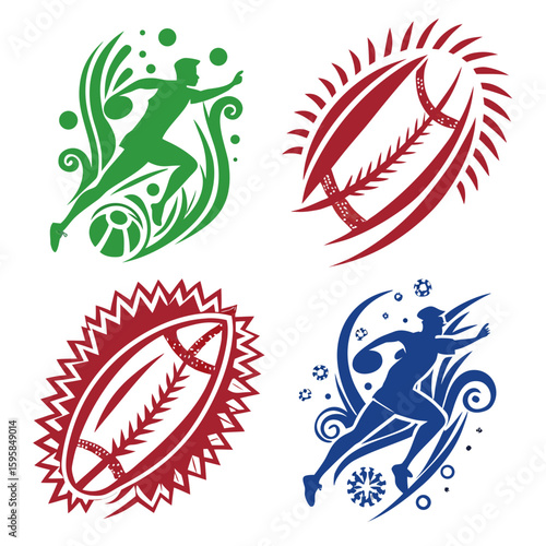 Athletic figures and sports balls in dynamic green red and blue designs players