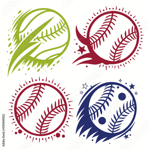 Baseball icons with dynamic motion and star accents sports green
