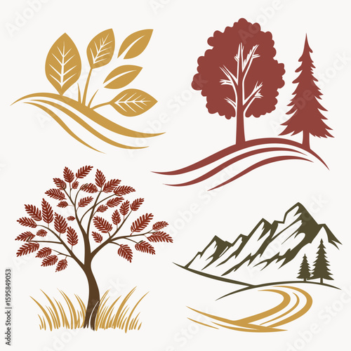 Autumnal foliage and mountain landscape icons leaves trees