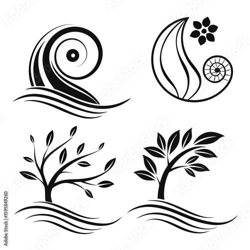Black abstract nature symbols waves trees flower spiral white