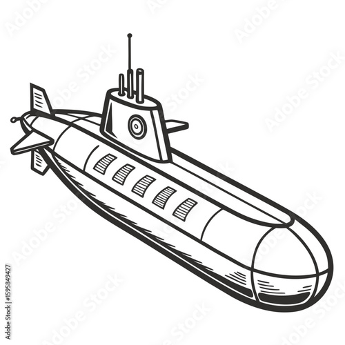Black and white submarine illustration underwater vessel