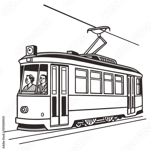 Black and white tram with passengers on tracks public transport city